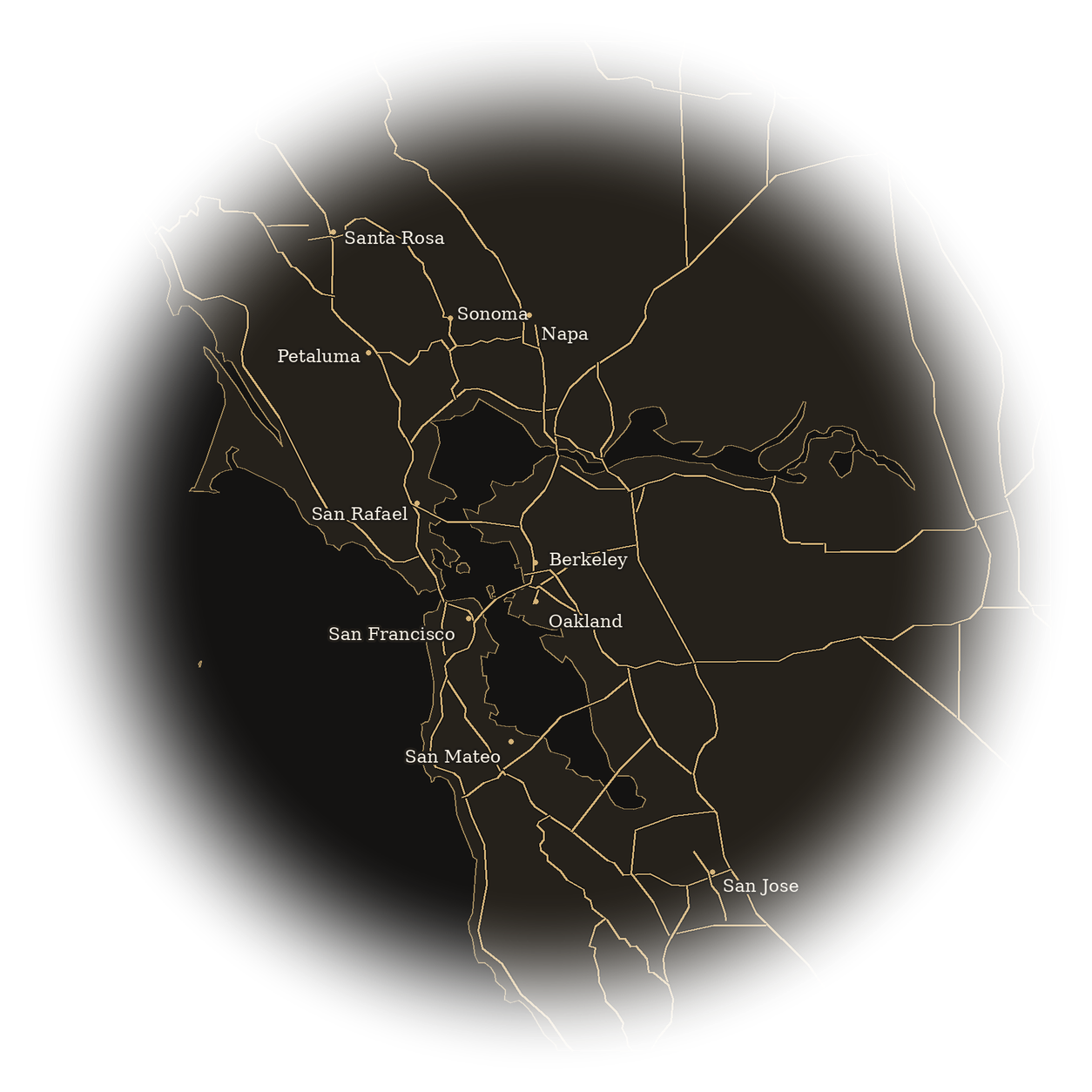 Map of the San Francisco Bay Area from Santa Rosa, Sonoma and Napa to San Jose, with gold coastlines and roads on dark land